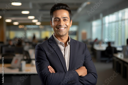 Smiling Indian male entrepreneur in an office space AI Generated