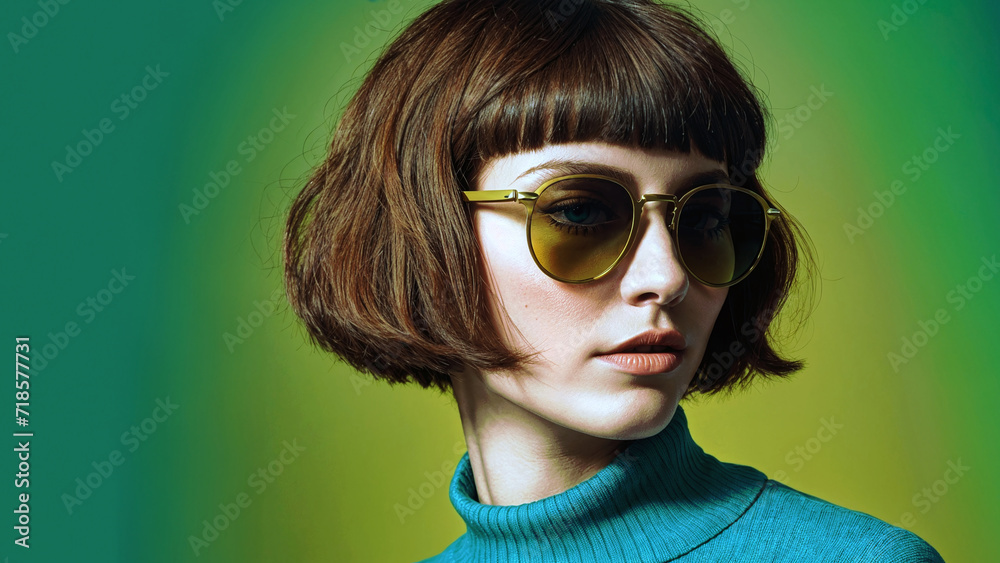 Fashionable young woman with bob hairstyle and round yellow sunglasses posing confidently in front of a blue-green background