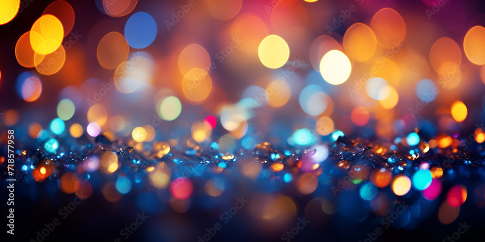 2d illustration of Christmas bokeh on dark background. abstract texture. Defocused scattered dots background. Blurred bright light. Circular points. Christmas eve time. Colorful circle.
