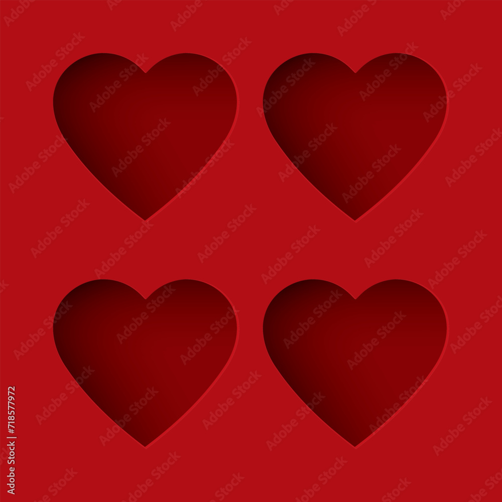 Abstract four of 3 dimension heart frame paper cut on red background with blank space. Valentine's day greeting card template.