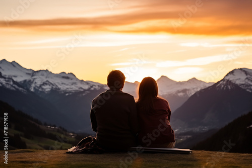 Couple Enjoying a Romantic Sunset Overlooking Snow-Capped Mountains, Intimate Adventure Travel Concept