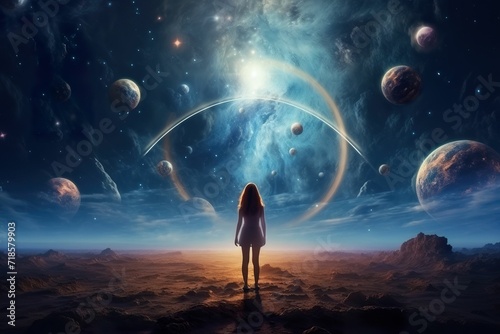 Sci-fi style rear view of a girl standing on an alien planet looking at the outer space, rear view of a child standing in a future city looking at the alien space