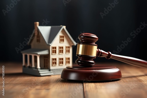 Gavel and house model on table, legal house auction, house mortgage, legal ruling, law and justice, auction, fair auction transaction, final deal