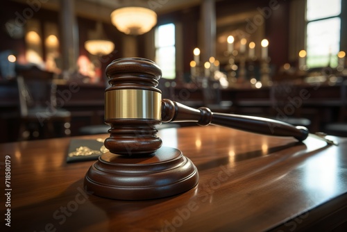 Gavel on wooden tabletop on court background, legal ruling, law and justice, auction, fair auction transaction, final word