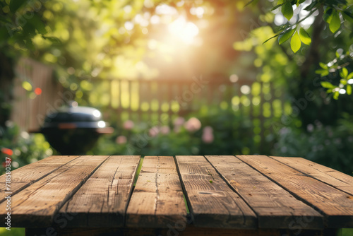 Empty wooden table across, summer time in backyard garden with grill BBQ, blurred background, shallow depth of field