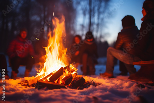 Friends Gathering Around a Warm Campfire in a Snowy Forest at Dusk. Winter Leisure and Togetherness Concept