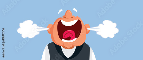 Vector Angry Mature Man Having Steam Coming Out of his Ears. Elderly grumpy grandpa outraged and screaming 
