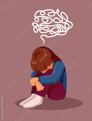 Unhappy Child Thinking Maze Bubble Vector Concept illustration. Sad depressed little girl feeling puzzled and negative 
