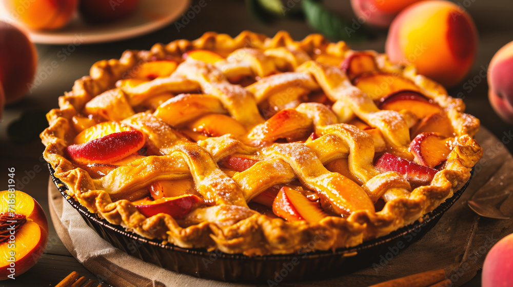 Delicious homemade peach pie on rustic wooden table with peaches