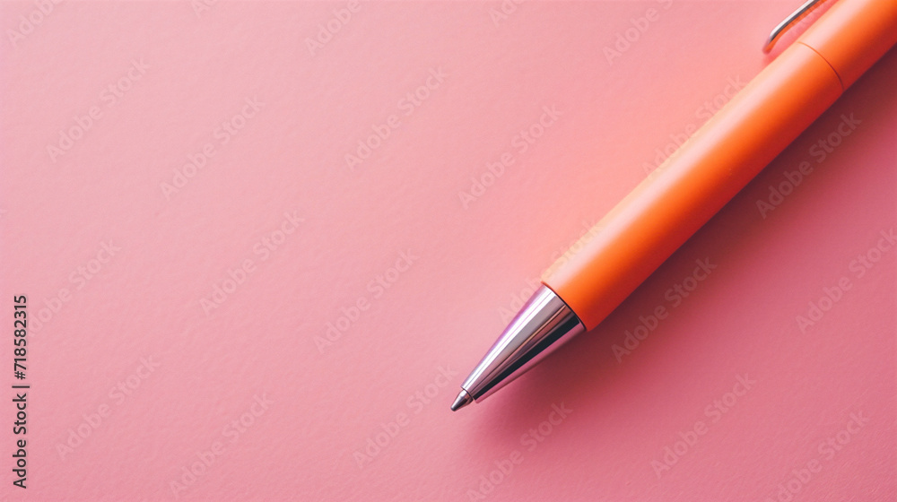 Orange pen on a pink background. Top view. Copy space. Orange pen on a pink background. Top view. Copy space.