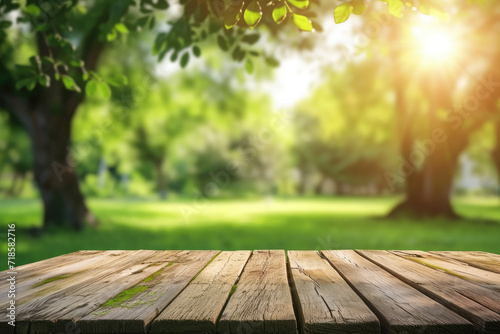 Empty wooden table top in a blurred green garden background