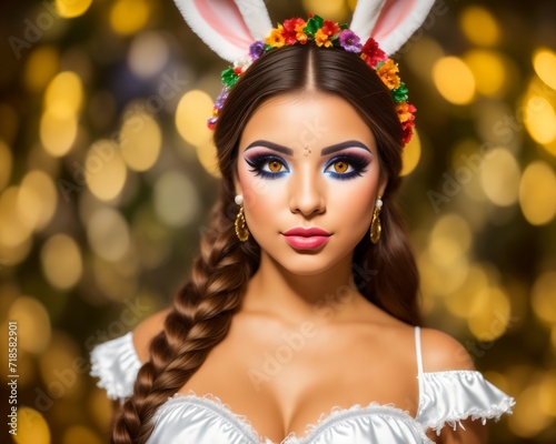 Portrait of beautiful young woman with Easter bunny ears on bokeh background