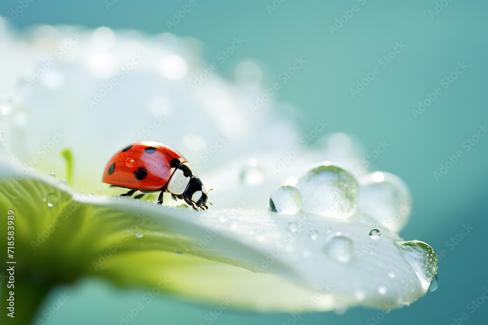 Macro Shot of a Ladybug on a Dew-Covered Daisy. Springtime Nature and Freshness Concept Macro Shot of a Ladybug on a Dew-Covered Daisy. Springtime Nature and Freshness Concept