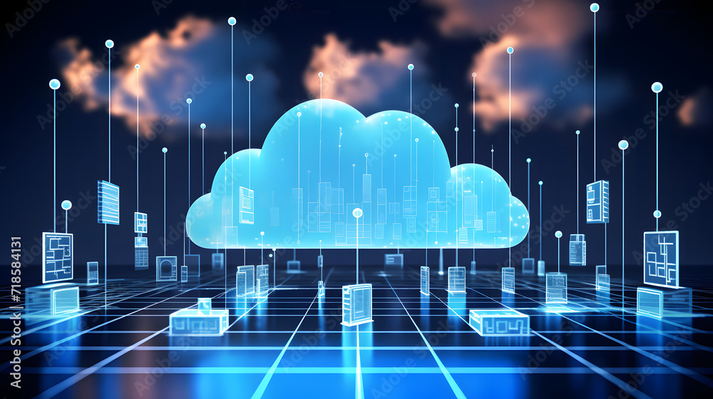 Cloud computing concept background. Digital data processing in the virtual cloud abstract background. Glowing digital cloud with pixels, lines, connectivity, and data flow in the virtual world. 