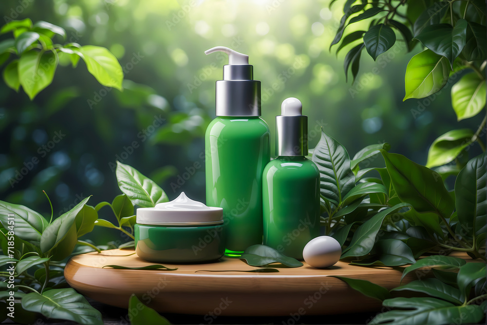 Eco-Friendly Beauty Elegance: Organic Facial Products Displayed on Wood Podium Amidst Nature, Featuring Empty Bottle and Cosmetic Items for Skin Nourishment and Natural Glow Eco-Friendly Beauty Elegance: Organic Facial Products Displayed on Wood Podium Amidst Nature, Featuring Empty Bottle and Cosmetic Items for Skin Nourishment and Natural Glow