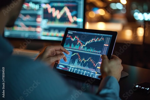 Trader broker analyst investor holding tab in hands using digital tablet technology analyzing financial exchange market growth in dark night office. Stock trade investment concept. Generative AI