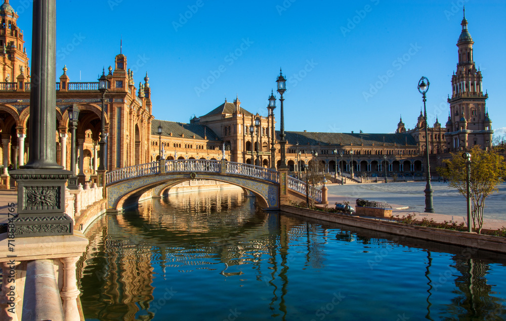 the blue sky and the colors of the beautiful Seville, the capital of Andalusia