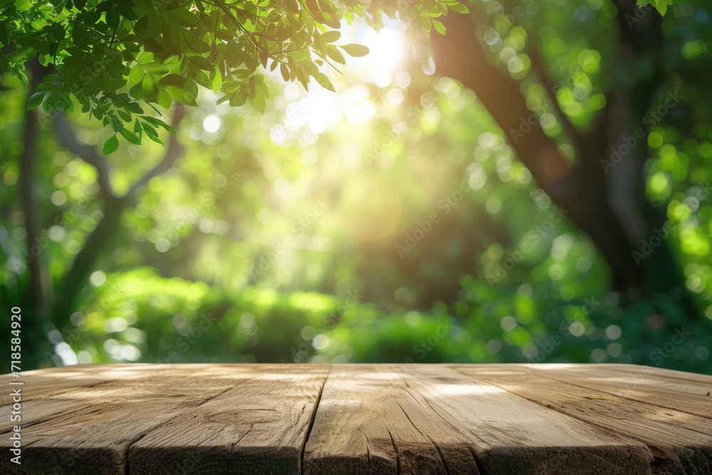 Photo wooden table and blurred green nature garden background with copy space Photo wooden table and blurred green nature garden background with copy space