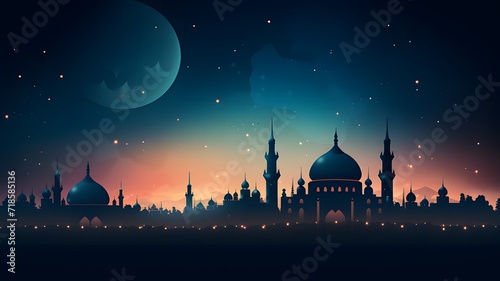 Modern mosque silhouette with vibrant lights, stars and crescent moon, perfect background for illustrating ramadan or ied celebration