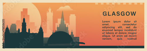 Glasgow city brutalism vector banner with skyline, cityscape. UK, Scotland town retro horizontal illustration, old style travel layout for web presentation, header, footer