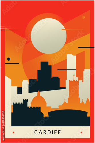 Cardiff city brutalism poster with abstract skyline, cityscape retro vector illustration. Wales UK cool travel guide cover, brochure, flyer, leaflet, business presentation template image photo