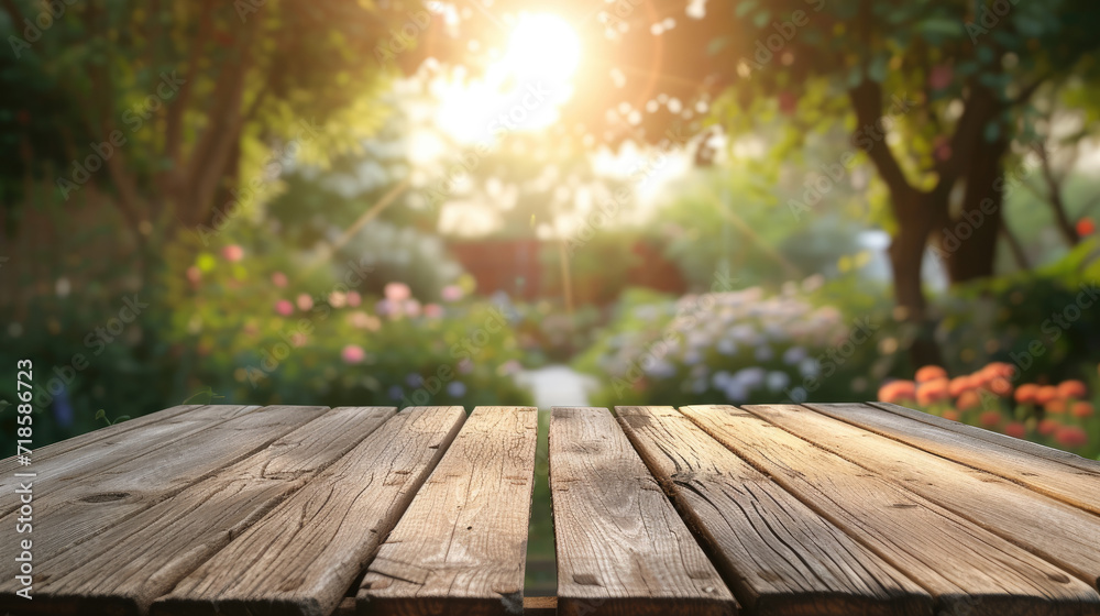The empty wooden table top with blur background of garden The empty wooden table top with blur background of garden