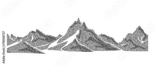 Grain stippled mountain range illustration. Dotted landscape terrain silhouette. Black white grainy hill chain. Grunge noise stochastic background. Pointillism texture wallpaper. Dot work style vector