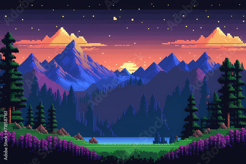 Night mountains 8bit game landscape