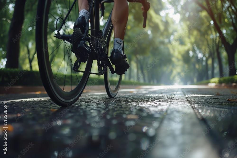 Fototapeta premium A bicyclist on a pedal-powered path promotes kinetic energy, embodying sustainable transportation and the eco-friendly use of human-powered mobility.