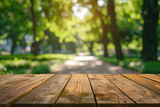 Wooden table top blurred nature garden park background,