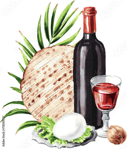 Passover. Jewish holiday Pesach. Watercolor hand drawn illustration, isolated on white background