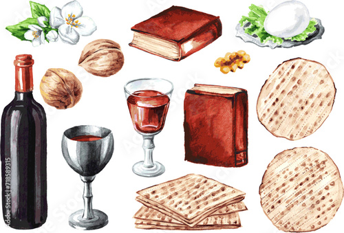 Passover. Jewish holiday Pesach. Watercolor hand drawn illustration, isolated on white background