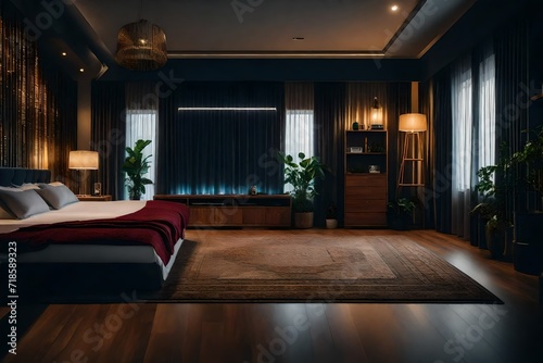 luxury room with wooden floor  ceiling roof and burning lamps at night