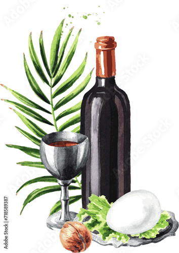 Passover. Jewish holiday Pesach. Watercolor hand drawn illustration, isolated on white background