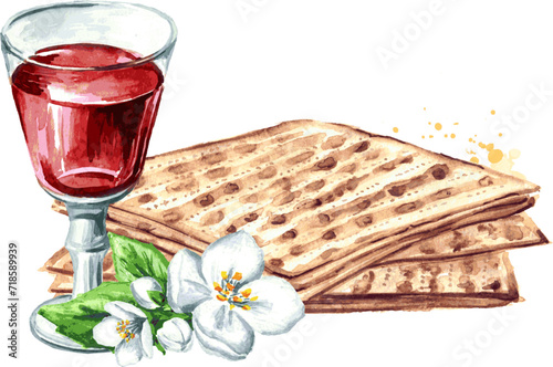 Passover. Jewish holiday Pesach. Watercolor hand drawn illustration, isolated on white background
