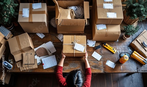 Above table top view of female warehouse worker or seller packing ecommerce shipping order box for dispatching, preparing post courier delivery package, dropshipping shipment service, Generative AI