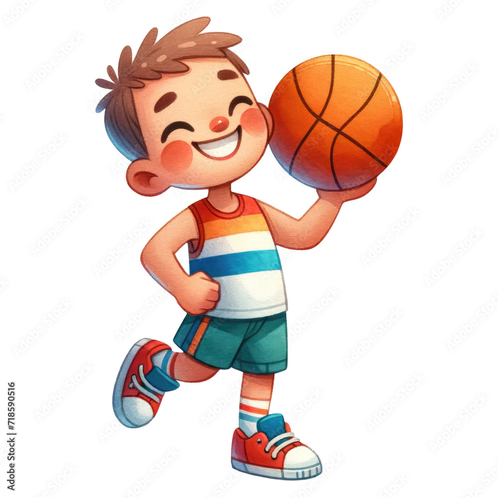 Watercolor cute boy basketball player holding a ball. Basketball competition. Basketball element clipart.