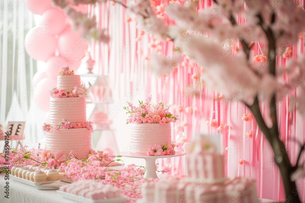 Pink decor for birthday with balloons and cake Pink decor for birthday with balloons and cake