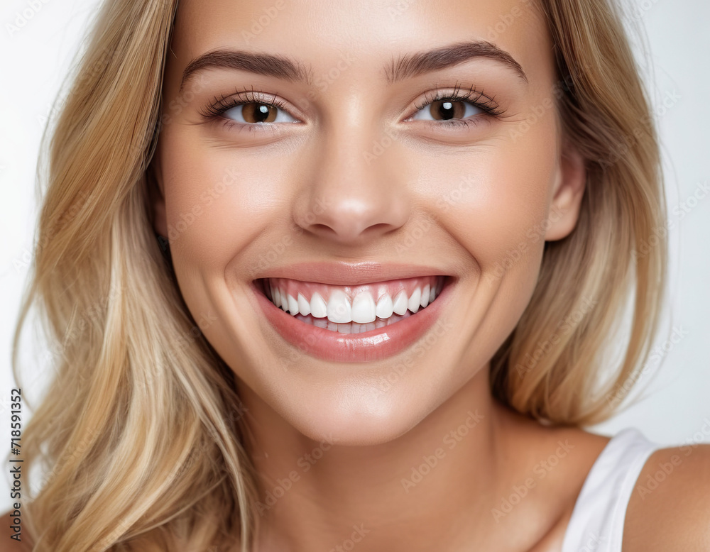 Healthy perfect teeth, young woman smiling. Teeth whitening. Dental concept. Isolated white background Healthy perfect teeth, young woman smiling. Teeth whitening. Dental concept. Isolated white background