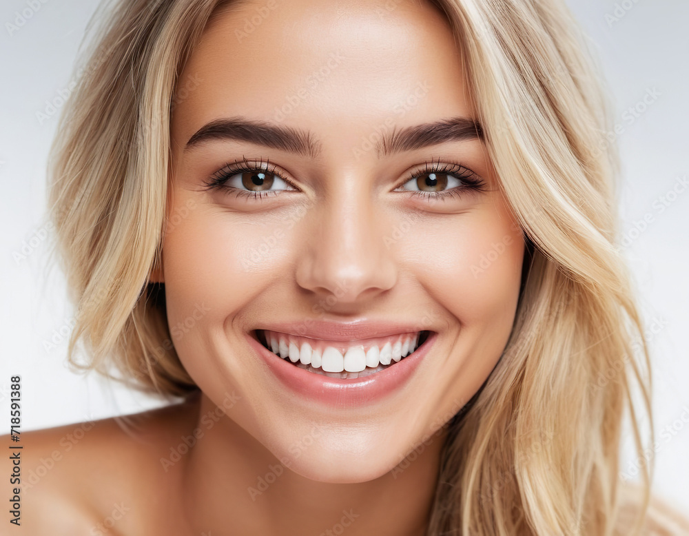 Healthy perfect teeth, young woman smiling. Teeth whitening. Dental concept. Isolated white background Healthy perfect teeth, young woman smiling. Teeth whitening. Dental concept. Isolated white background
