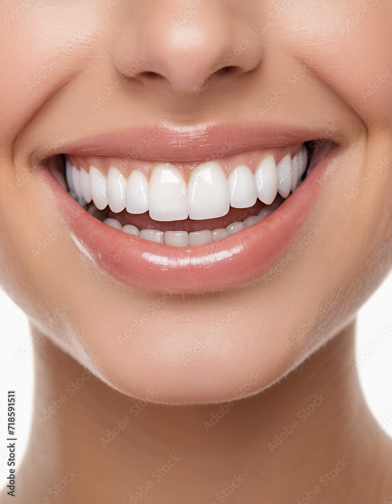 Obraz premium Healthy perfect teeth, young woman smiling. Teeth whitening. Dental concept. Isolated white background