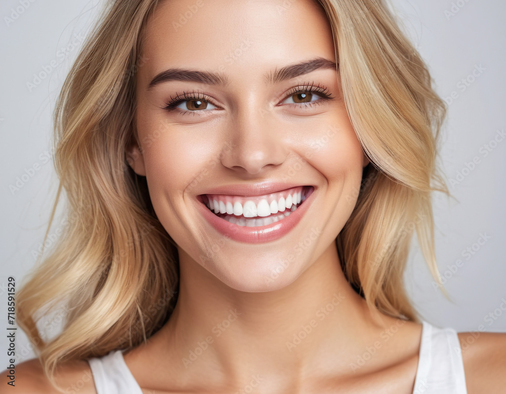 Healthy perfect teeth, young woman smiling. Teeth whitening. Dental concept. Isolated white background Healthy perfect teeth, young woman smiling. Teeth whitening. Dental concept. Isolated white background