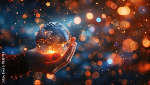 Hands holding a glowing earth globe on bokeh background © Meow Creations