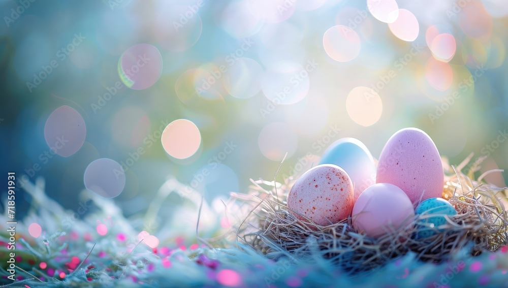 Easter eggs nestled in a nest with a bokeh background