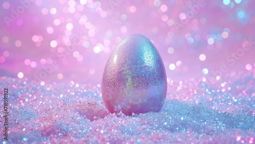 Easter egg glistening in snowy landscape against pink backdrop