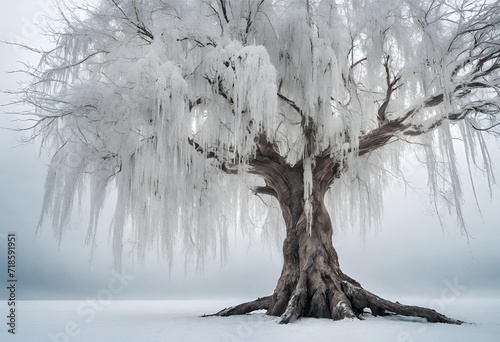 Gnarled tree covered in frost in a snowy landscape