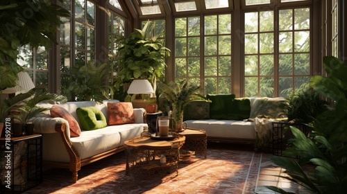 a sunlit conservatory, with comfortable seating, lush greenery, and decorative accents, creating a tranquil oasis where nature and relaxation come together, © irfana