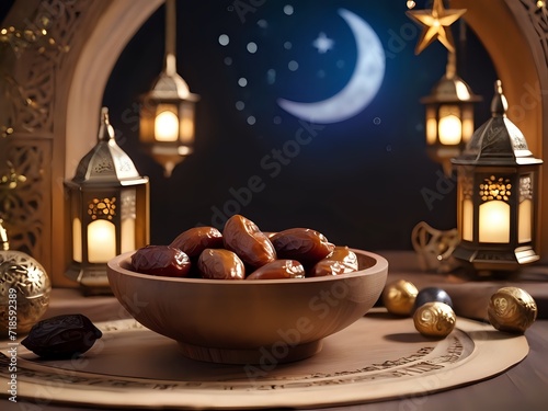 Dates fruit in a bowl with lantern for iftar ramadan © Andrianachoi
