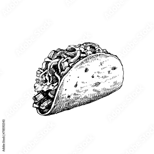 Mexican traditional food background with tacos. Hand drawn sketch vector illustration.