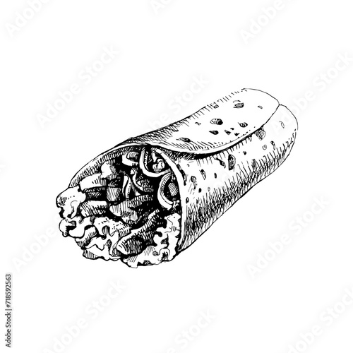 Mexican traditional food background with burrito. Hand drawn sketch vector illustration.